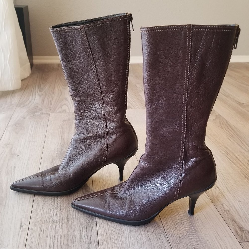 Miu Miu- Brown Leather Pointed-Toe Heeled Boots